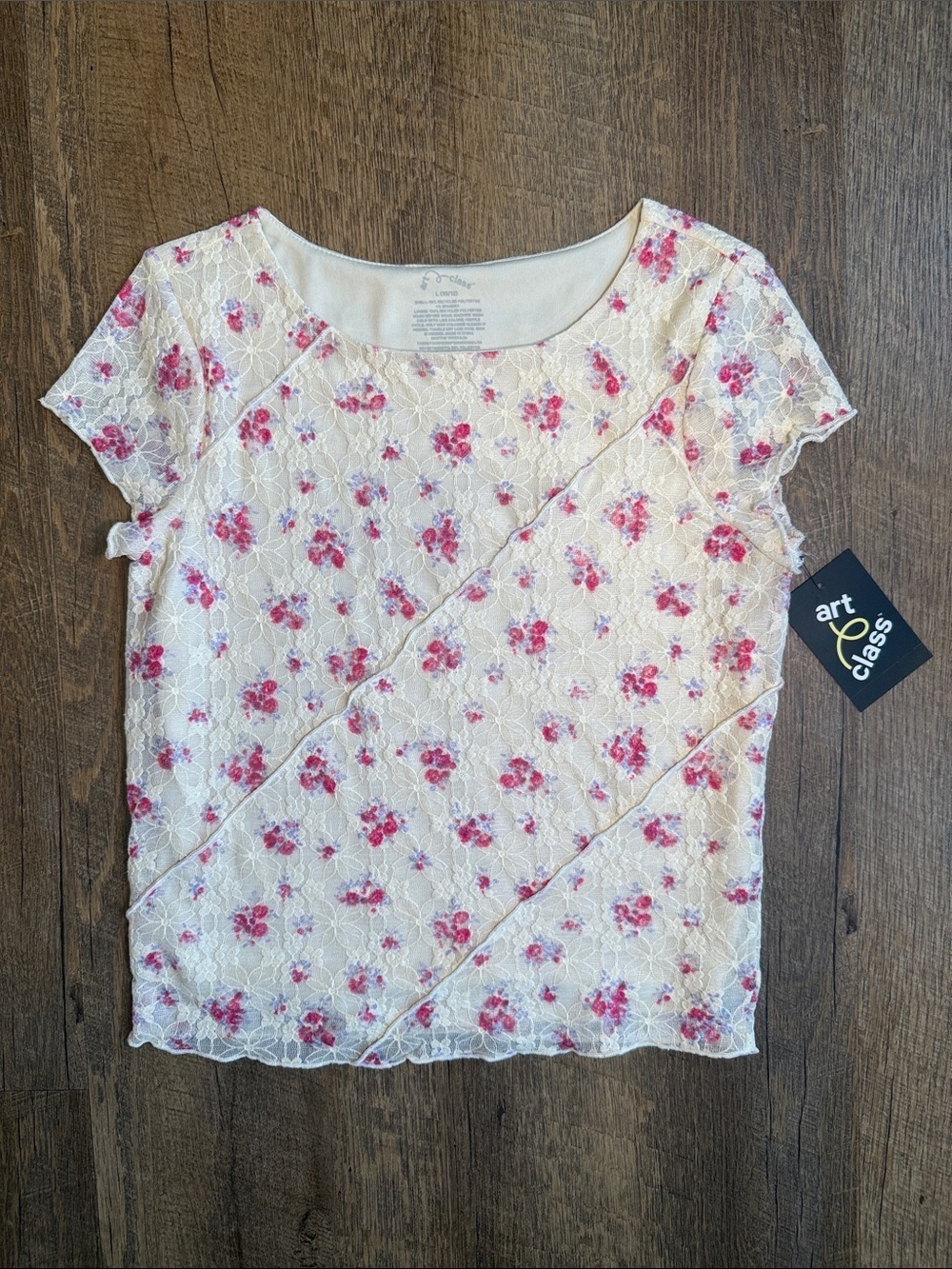 NWT Art Class Girls Cream Lace Top with Pink Floral Print Size Large 10/12